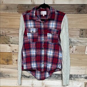 Skies Are Blue size L Red & Blue Plaid Button Down Shirt with Sweater Sleeves